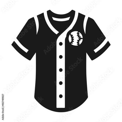 Black and white baseball jersey icon with ball emblem isolated on a white background.