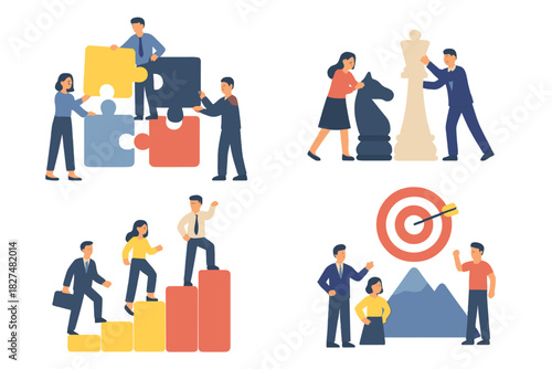 Business concepts showing teamwork, strategic planning, career growth, and goal achievement