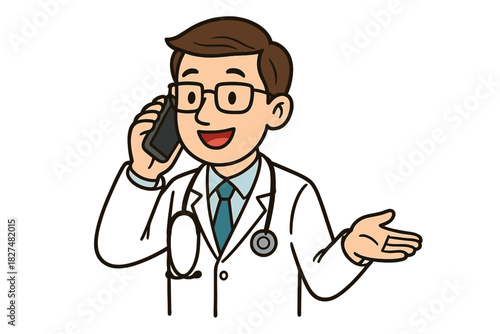 Smiling male doctor wearing glasses and stethoscope talking on a mobile phone while gesturing