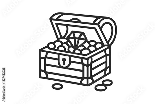 Open wooden treasure chest overflowing with gold coins and a large diamond gem