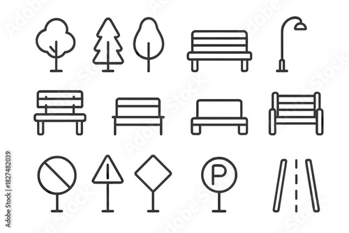 Outline icons of park and street elements including trees, benches, lamps, and road signs