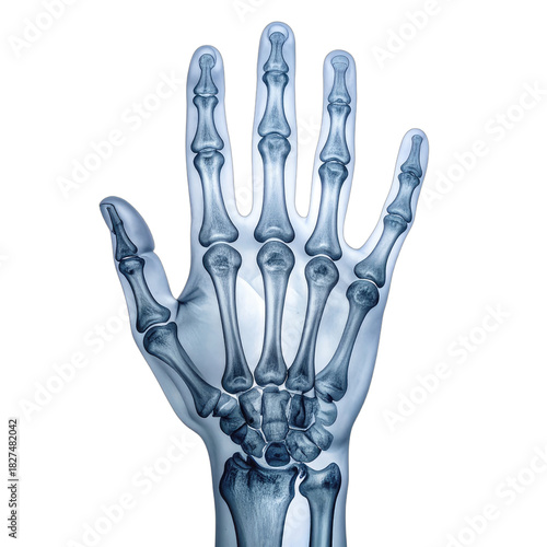 Anatomical X-ray visualization of the human hand and wrist bones against a dark background.