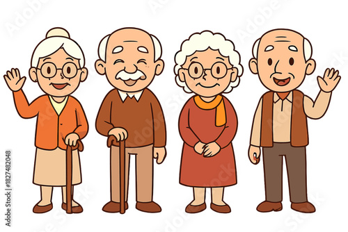 Cheerful senior men and women standing together, waving and holding walking sticks