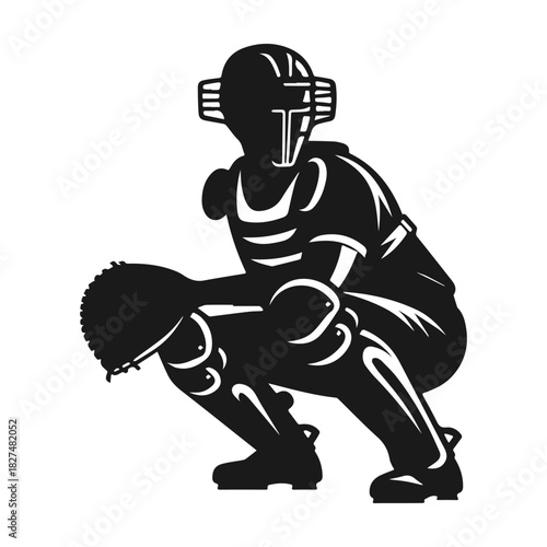 Baseball catcher silhouette in full protective gear crouching low.
