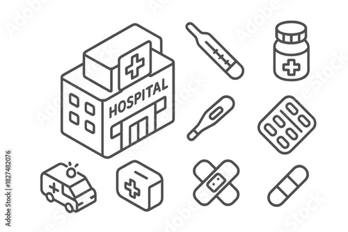 Isometric outline symbols of hospital building, ambulance, and medical supplies