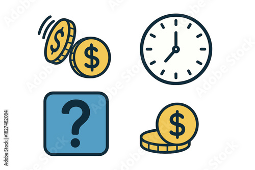 Essential business icons for financial planning, deadlines, and seeking solutions