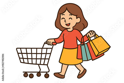 Smiling female customer walking with a shopping trolley and multiple purchase bags
