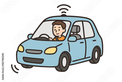 Smiling driver operating a modern autonomous vehicle with sensor technology