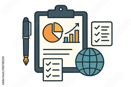 Comprehensive business analysis report on a clipboard featuring financial charts, a fountain pen, global data, and checklist icons