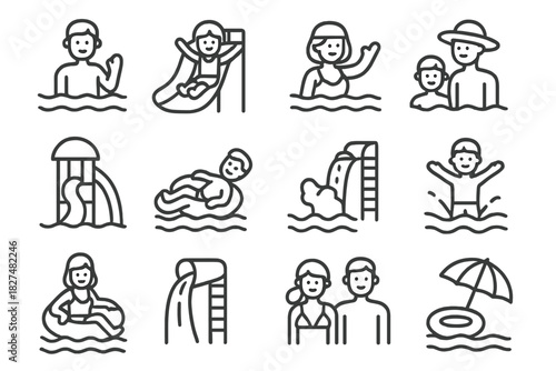 People enjoying summer recreation and aquatic sports at a water park icon collection