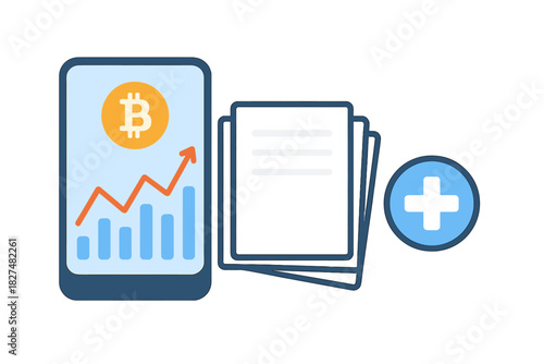 Mobile device showing Bitcoin market chart beside stacked records and a plus sign for financial management