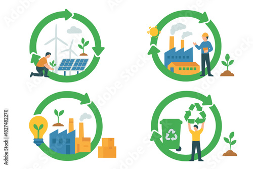 Sustainable development concepts showing green energy, manufacturing, and recycling