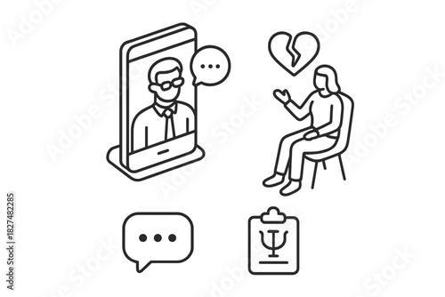 Telehealth counseling and emotional support icons set with broken heart symbol