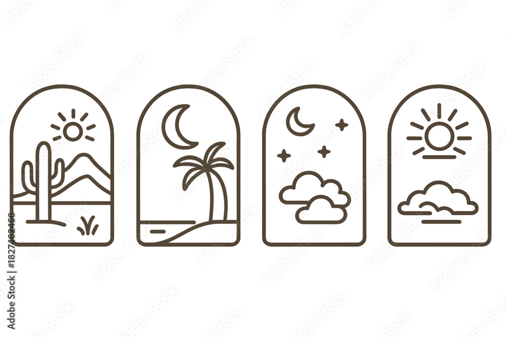Obraz premium Collection of minimalist line art icons showing desert, tropical beach, and cloudy weather conditions