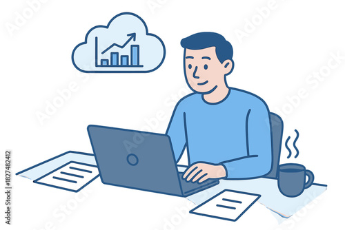 Young man analyzing business growth data on a laptop connected to cloud storage while working remotely