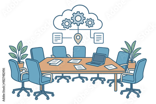 Empty conference room table with cloud computing network and data management icons