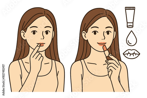 Woman applying lipstick and lip care routine steps with cosmetic icons on white background