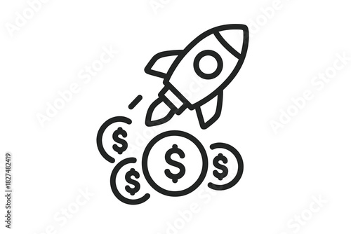 Rocket launching over dollar symbols representing business startup success and financial growth