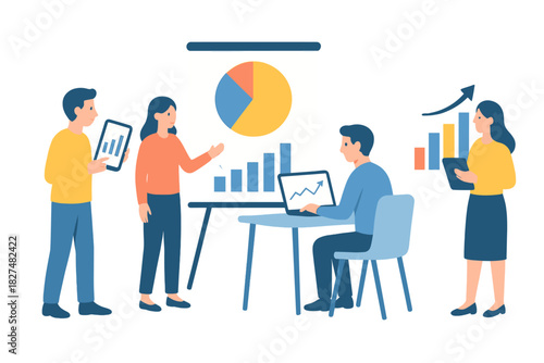 Professional colleagues discussing market growth and performance metrics using visual graphs