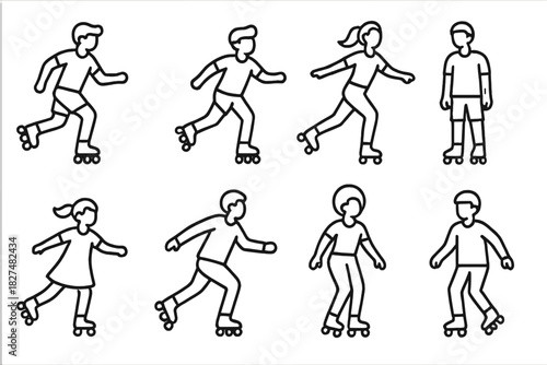 Set of diverse people enjoying recreational inline skating and rollerblading activity symbols