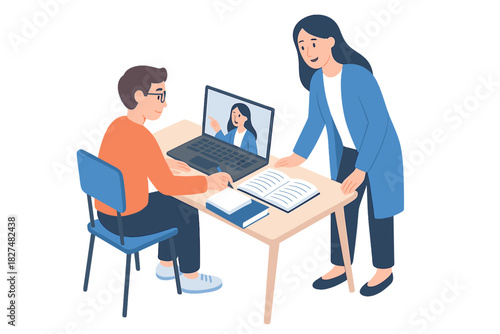 Student working on homework with a mentor during a virtual class on a laptop