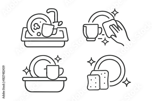 Dishwashing and cleaning process showing dirty dishes, scrubbing, and clean tableware