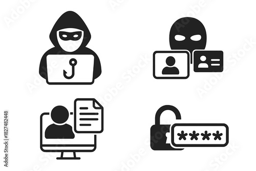 Cybersecurity threats icons set: hacking, phishing, identity theft, and password breach symbols