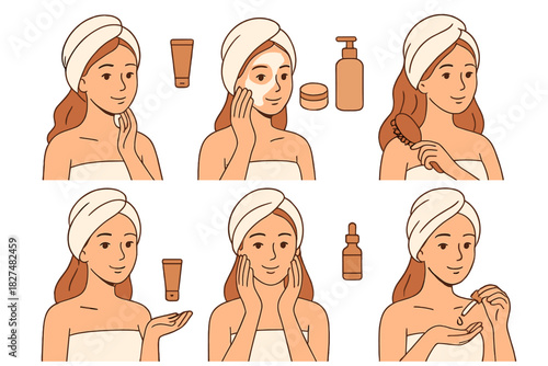 Woman performing daily beauty and skincare routine steps with cosmetic products