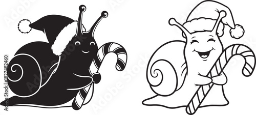 An adorable snail in a Santa hat joyfully embraces a candy cane. Cute Christmas Snail Holding Candy Cane – Adorable Holiday Santa Hat Illustration