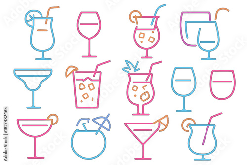 Bright neon outline cocktail glasses and refreshing summer drinks collection