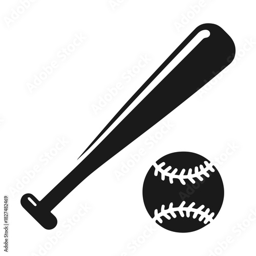 Simple black silhouette icon of a baseball bat and ball.