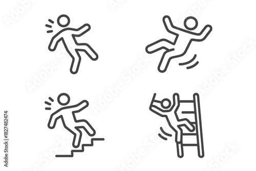 Universal warning signs for falling, slipping, and tripping hazards including stairs and ladder accidents