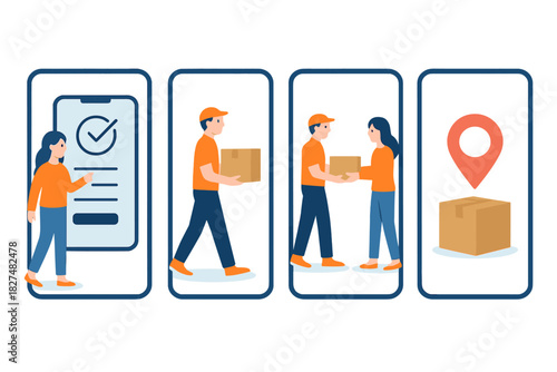 Online delivery service process steps on mobile screens showing order tracking and package handover
