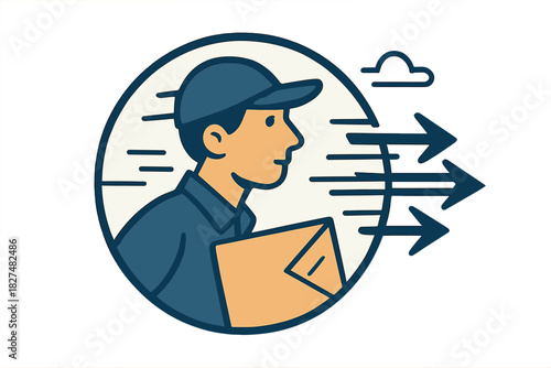 Delivery service worker carrying a package quickly, depicted in a stylized circular badge icon