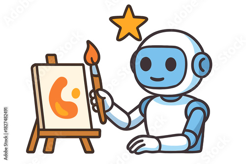 Friendly artificial intelligence robot character painting on an easel holding a brush and star