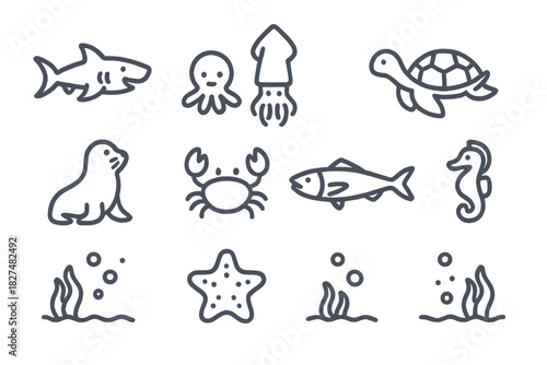 Outline style marine animals and underwater life including shark, octopus, turtle, and crab