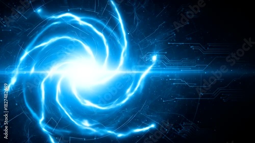 Abstract representation of a swirling energy vortex with digital circuits, symbolizing technology