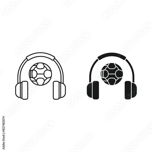 Football soccer ball with headphones icon set outline and filled