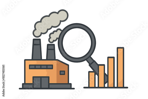 Analyzing industrial production data and environmental impact using a magnifying glass icon