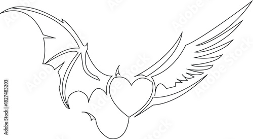 Angel Devil Heart Outline Vector | Dual Wing Love Symbol