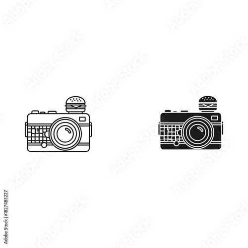 Two vintage cameras with burgers on top in sketch style