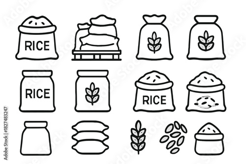 A set of essential agricultural commodities including various bags of rice, grain, and cereal crops ready for harvest or consumption