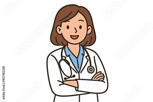 Confident female physician portrait with arms crossed wearing a white coat and stethoscope