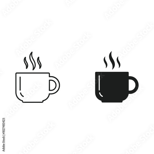 Two simple line art icons of a steaming coffee cup one outline one solid black