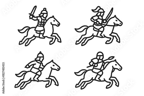 Four historical cavalry warriors riding horses with swords and spears