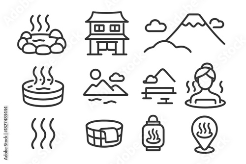 Minimalist Japanese Onsen hot springs icons representing bathing and travel
