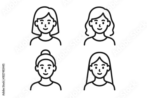 Simple line art female avatar icons set showing different hairstyles and smiling faces