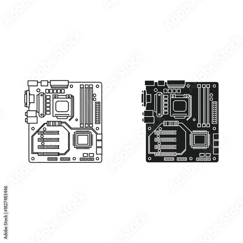 Two detailed illustrations of computer motherboards in black and white