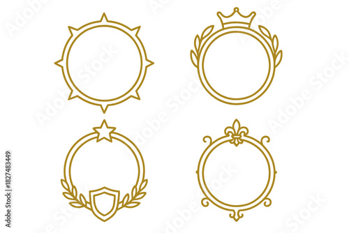 Four golden outline circular frames featuring royal and achievement symbols