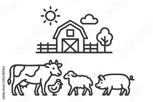 Simple outline icons of farm animals, livestock, and agricultural elements